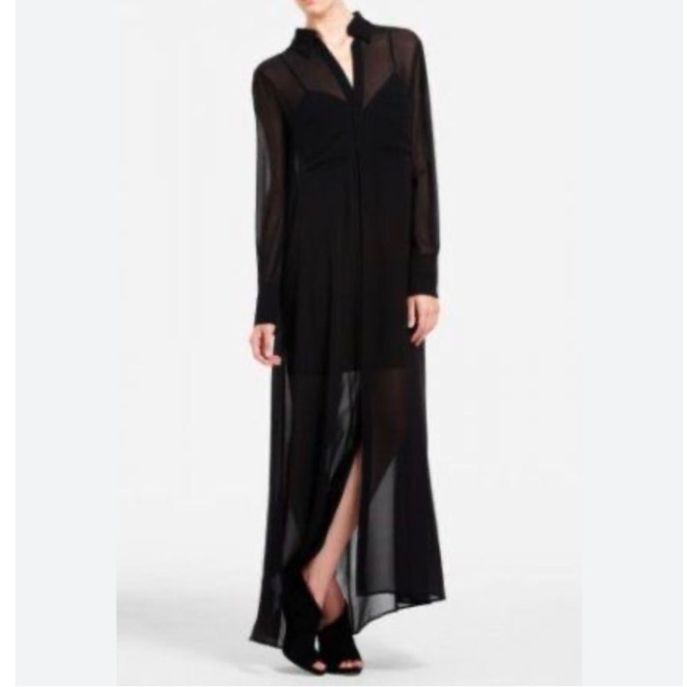BCBG Maxazria Black Silk Chiffon Long Sheer Shirt Dress Size XS